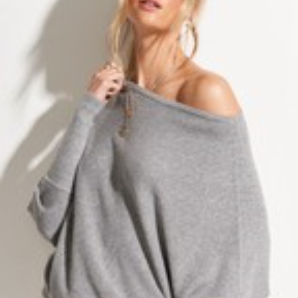 Off The Shoulder Knit Slouchy Sweater Grey - Picture 2 of 3